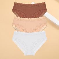 FINETOO 3PCS/Set Cotton Underwear For Women Sexy Lace Ribbed Floral Thongs Female Breathable Solid T-back Bikini S-XL Sexy Lace Panties S&3pcs