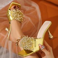 Vasaros Mada Kvadratinio Nykščio Moteriškos Šlepetės Karoliukai Aukštakulniai Bohemiško Stiliaus Sandalai Moteriški Batai Zapatos De Mujer 36 auksinė