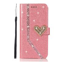 Blizganti odinė atverčiama telefono dėklas su blizgučiais, skirta iPhone 15 14 13 12 11 Pro Max XR XS X SE 2020 7 8 Plus, su pinigine, stoveliu, dangtelis For iPhone 14ProMax&Case & Strap violetinė