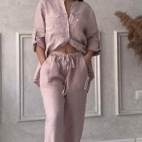 Vasaros tendencija Medvilnės ir lino marškinių kostiumas Aukšto juosmens laisvos kelnės Elegantiški moteriški komplektai Dviejų dalių komplektas moterims XS balta
