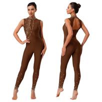 Moterims Blizgantis Cirkonio Strass Gimnastikos Bodis Be Rankovių Atviras Nugaros Dizainas Kūną Apimantis Unitardas Romperis Treniruočių Jumpsuit S bordinė