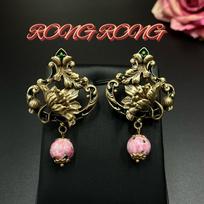 New Chinese Style Vintage Heavy Industry Lotus Pink Green Frog Skin Dotted Emerald Pearl Earrings With Retro Classical Temperament