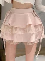 Pink Vintage Sweet Mini Skirt Women Lace-up Japanese Lolita Kawaii Cake Skirt Female Lace Korean Cute Fairy Skirts Autumn 2024 S juoda