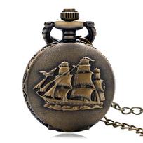 Vintage Watch Bronze Quartz Pocket Watch Pendant Round Shape Carve Sailboat Steam Punk