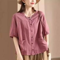 Vintage Artistic Cotton Linen Cardigan Summer Pocket Design Women's Casual Ethnic Style Short Sleeves Elegant XXXL rožinė