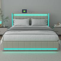Dvigulė lova 160 x 200 cm, su LED apšvietimu, USB jungtimi ir 4 stalčiais, smėlio spalvos, linas, be čiužinio
