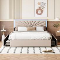 Lova 140x200cm su LED apšvietimu ir 4 stalčiais - Reguliuojamas galvūgalis - Lininė - Smėlio spalvos