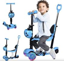 Vaikiškas paspirtukas su rankena ir šviečiančiais ratukais 5in1 Scooter, mėlynas