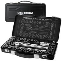 WORKPRO Socket Wrench Garage Tool Set with Ratchet Handle and Iron Storage Ideal for Repair 32-Piece Set, 12.7mm Drive, pilka spalva