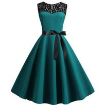 Blue Lace Patchwork Summer Women Elegant Vintage Party Dress Casual Office Ladies Dress S raudona