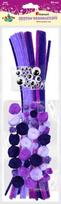 Dekoracija-violetiniai Šenilo vielos strypeliai +pomponai+akytės 80vnt./30cm, TITANUM