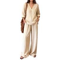 Women Linen 2 Piece Sets Summer Long Sleeve V Neck Shirts Matching Wide Leg Pants Lounge Sets Casual Beach Vacation Outfits XXXL mėlyna