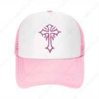 Blizganti tinklinė trucker kepuraitė su kryželiu, rožinė, balta, reguliuojama snapback kepuraitė, miela, goth mergaitėms, laisvalaikio stilius One Size white