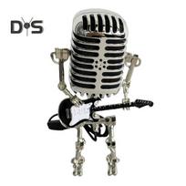 Metalinis mikrofonas, robotas, naktinė lempa, senovinė laikymo gitara, roko mikrofonas, robotas, LED stalinis apšvietimas, darbalaukio puošmena Ornamentas muzikos mylėtojui juoda