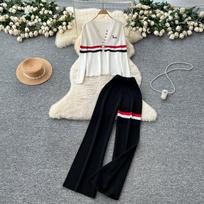 Autumn Winter Women Striped Knitted Sweater Vintage Two Piece Trouser Set V-neck Pullover Tops and Wide Leg Pant Suit One size juoda