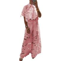 2 Pcs/Set Women Top Pants Suit Hollow Out Flower Applique Turn-down Collar Button-down L rožinė