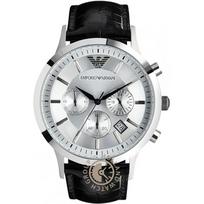 Emporio Armani Renato Sidabrinis Juodas Odinis Vyriškas Kvarcinis Chronografas AR2432 sidabras