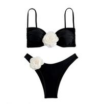 2 Pcs/Set Women Bikini Set Off Shoulder Lace-up Fake Flower Decor Color M juoda
