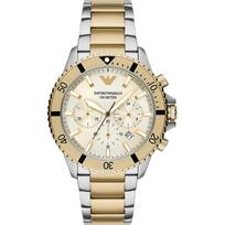 „Emporio Armani World Explorer“ smėlio spalvos dviejų spalvų nerūdijančio plieno vyriškas kvarcinis chronografas su data AR11606 smėlis