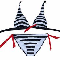 Moteriški vasariniai dviejų dalių maudymosi kostiumėliai su apynasriu, viršutinis languotas dryžuotas bikinio komplektas S juoda