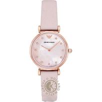 Emporio Armani Gianni T-Bar perlų rožinės odos moteriškas kvarcinis laikrodis AR1958 perlamutro spalvos