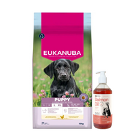 EUKANUBA Šuniukams ir jaunikliams didelių veislių 15 kg + LAB V Lašišų aliejus šunims ir katėms 500ml