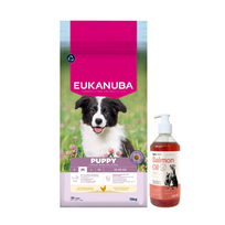 EUKANUBA Šuniukams ir jaunikliams vidutinio dydžio veislėms 15 kg + LAB V Lašišų aliejus šunims ir katėms 500ml
