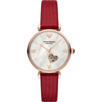 Emporio Armani Gianni T-Bar Perlamutras Raudona Oda Moteriškas Mechaninis Automatinis Laikrodis AR60048 perlamutro spalvos