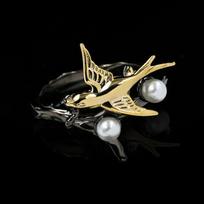 Cute Bird Animal Black Gold Finger Rings for Women Real  Sterling Silver Freshwater Pearls Vintage Cocktail Rings 7