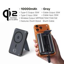 QOOVI Qi2 35W Magnetinis Power Bank 10000mAh Nešiojamas įkroviklis MagSafe 15W Belaidžiam greitam įkrovimui iPhone 17 16 15 iWatch pilka