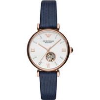 Emporio Armani Gianni T-Bar Silver Blue Leather Ladies Mechanical Automatic Watch AR60020 sidabras