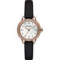 Emporio Armani Mia Mother of pearl Black Leather Ladies Quartz AR11598 Watch perlamutro spalvos