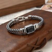 HX Silver Color Couple Style Hand-Knitted Bracelet Old Vintage Black Stone Men Personalized Versatile 5MM Chain Fashion Jewelry 18cm