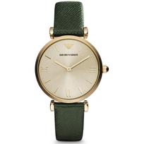 Emporio Armani Gianni T-Bar Smėlio spalvos Žalios Odos Moteriškas Kvarcinis Laikrodis AR1726 smėlis