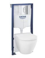WC komplektas 5 viename: EuroCeramic Triple Vortex su dangčiu, montavimo rėmas, Arena Cosmo mygtukas, tvirtinimo elementai ir tarpinė