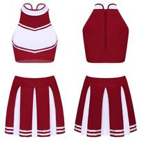 Moterų linksmybių lyderių kostiumų uniforma, palinksminusi suaugusiųjų Cosplay apranga Crop Top su klostuotu mini sijonu S vyno raudonos spalvos