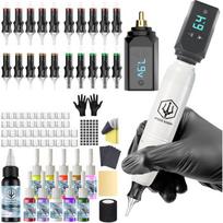 Tatuiruočių rinkinys - 1001 BATERIJOS - TK039 - Belaidis - 2 x 1500mAh baterijos (4–12V, 9 lygiai) - 20 sterilių ampulių balta