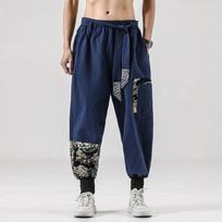 Japoniškas kimono vyriškas medvilninis lininis samurajų kostiumas Ukiyo-e spausdintas diržas Retro Harem kelnės Haori Baggy Kelnės Harajuku Hip Hop M vyno raudonos spalvos