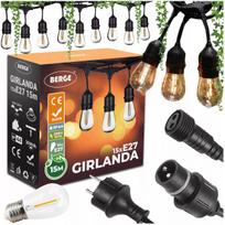 Sodo girlianda – šviesos grandinė 15 m, 15 × E27, komplektas su LED lemputėmis