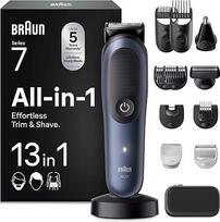 "Braun AIO7565 All-In-One Trimmer Style Kit Series 7", "13-in-1" kirpimo rinkinys, barzdos kirptuvas, nosies kirptuvas, veido, galvos ir kūno plaukų kirptuvas, 120 min. Akumuliatorius, 14 ilgių (3-21 mm), atsparus vandeniui, mėlynas, mėlynas
