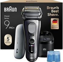 "Braun Series 9 PRO+" elektrinis skustuvas vyrams, 5+1 itin ploni peiliukai, skustuvas su 60 minučių veikiančia baterija, įkrovimo dėklas, "6-in-1 SmartCare Center", drėgnas ir sausas, elektrinis skustuvas, pagamintas Vokietijoje, 9677cce, sidabrinės spal