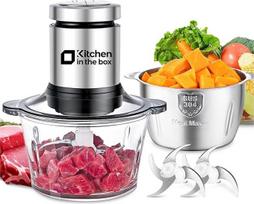 "Kitchen in the Box" elektrinis virtuvinis smulkintuvas 400 W daugiafunkcinis smulkintuvas su 2 dubenimis (2L + 2L) ir 2 dviejų lygių nerūdijančio plieno ašmenimis, universalus mėsos, daržovių, svogūnų, vaisių smulkintuvas
