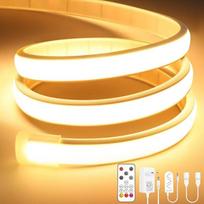 "Lamomo" COB LED juosta, šiltai balta, reguliuojama, 6 m ilgio LED juosta su nuotolinio valdymo pulteliu, 3000 K, lipni, vandeniui atspari neoninė LED juosta, 10 mm pločio, silikoninė lanksti šviesos juosta, skirta vidaus spintų apdailai