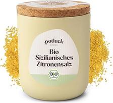 "Potluck" ekologiška sicilietiška citrinų druska Druska žuviai, jūros gėrybėms, daržovėms, salotoms ir padažams, 140 g, keramikiniame inde