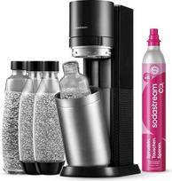 "SodaStream Duo" putojančio vandens gaminimo aparatas su CO2 balionu, 2x 1 litro talpos klasės buteliais ir 2x 1 litro talpos plastikiniais buteliais, kuriuos galima plauti indaplovėje, aukštis: 44 cm, spalva: titano.
