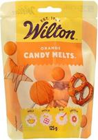 "Wilton Candy Melts" apelsinų spalvos saldainių lydymo glaistas su saldžiu, kreminiu skoniu, skirtas lietiniams, sausainiams, šokoladiniams saldainiams ir tortams dekoruoti - 125 g