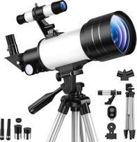 Astronominis teleskopas refraktorius 70/300 mm, FMC didelio pralaidumo, didinimas 15-150 kartų, reguliuojamas trikojis, telefono laikiklis ir "Bluetooth" nuotolinio valdymo pultas, skirtas pradedantiesiems astronomams, suaugusiesiems