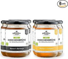 Grizzly Foods - Ekologiškas jautienos ir vištienos kaulų sultinys (6 x 500 ml) - Daugiau nei 20 g kolageno stiklinėje - Virta 72 valandas - 100 % natūralus - Be cukraus, be priedų - Vertingos maistinės medžiagos - Kaulų sultinys