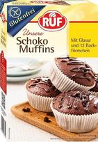 RUF Keksiukai be glitimo Šokoladiniai keksiukai su kakavos glajumi Kepimo mišinys šokoladiniams amerikietiško stiliaus keksiukams, sergantiems celiakija, tinka 12 keksiukų dėžučių