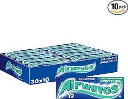 "Airwaves" kramtomoji guma, be cukraus, mentolio eukalipto guma, 30 x 10 dražė, didmeninė kramtomosios gumos pakuotė, su natūraliu mentoliu, kramtomoji guma be cukraus, su mėtų gaiva (300 dražė)